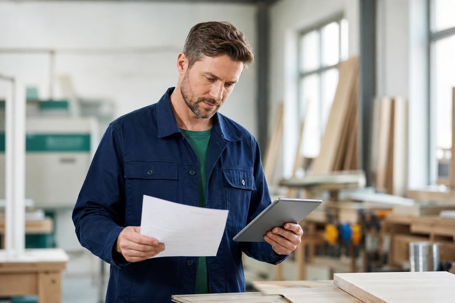 Handwerker in der Werkstatt kalkuliert eine Rechnung